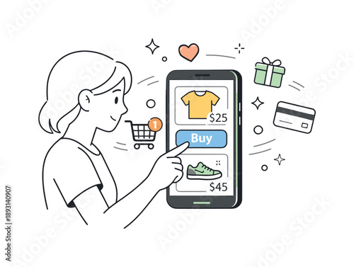 Seamless Mobile Shopping. Mobile commerce. A person shopping on a smartphone, browsing product cards and tapping a buy button. Smooth and friendly online