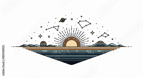 Sunrise over a mountain range with celestial bodies and a tranquil body of water