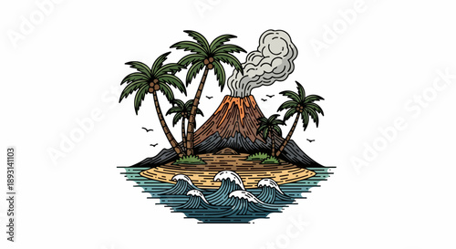 Tropical island with a central volcano emitting smoke, surrounded by palm trees and ocean