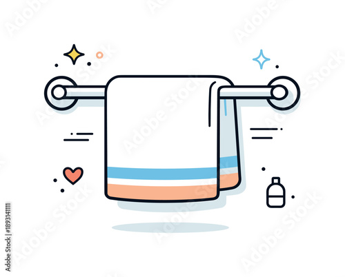 Minimalist Towel Rack. Towel rack bar. A clean bathroom interior scene with a neatly folded towel hanging on a simple wall-mounted towel bar, expressing order,