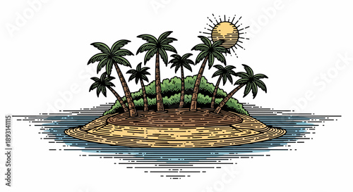 Tropical island with palm trees surrounded by calm blue waters under a radiant sun