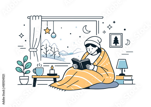 Cozy Winter Reading. Winter cozy home scenes. Calm interior scene with a person wrapped in a blanket reading a book by the window, soft winter light outside.