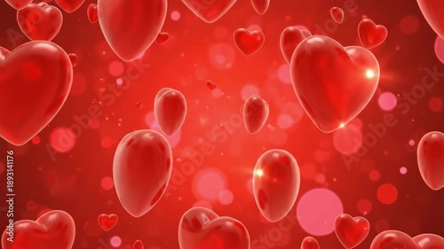 Romantic Red Heart Background with Glossy 3D Hearts and Bokeh Lights for Valentines Day and Wedding Celebrations