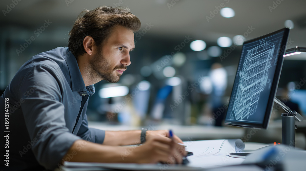 Fototapeta premium Focused architect working diligently on complex building design on computer screen, modern office setting, architectural planning work, professional design activity, faceless