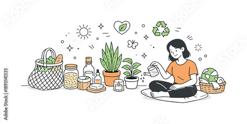 Eco Lifestyle Serenity. Eco lifestyle visuals. Friendly lifestyle scene with indoor plants, glass containers, and eco-friendly decor, promoting slow living and