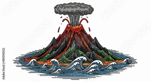 Volcanic eruption with fiery lava and crashing ocean waves illustration