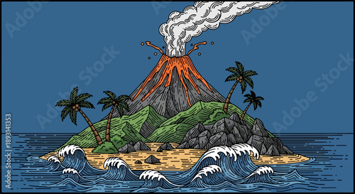 Tropical island landscape with erupting volcano and crashing waves