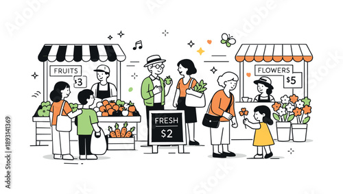 Farmers Market Harmony. Local farmers market scene. Visitors browsing fruits and flowers together, calm social interaction and slow movement, simple stalls and