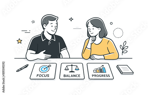 Coaching Values Scene. Coaching philosophy values. A clean conceptual scene with value cards like focus, balance, and progress laid out on a table, a coach and