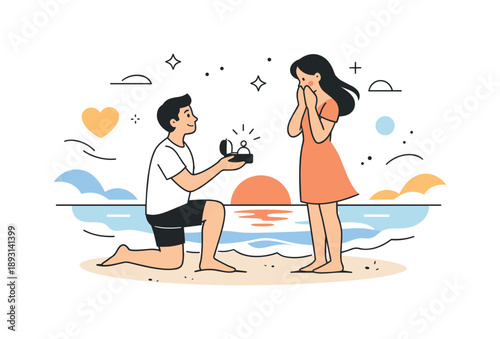 Sunset Beach Proposal. Beach proposal. A couple at the shore during sunset, one presenting a ring while gentle waves and abstract shapes float around. Calm