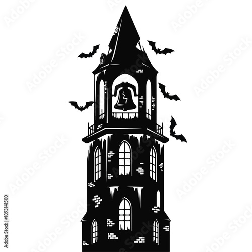 Gothic Tower Silhouette with Bats and Bell.