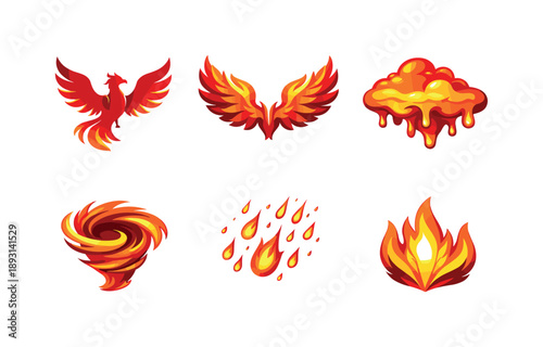 Firebird Icon Grid. Firebird Legend. Isometric flat vector icons set of Firebird Legend: legendary firebird silhouette, blazing wing spread, molten sky cloud,