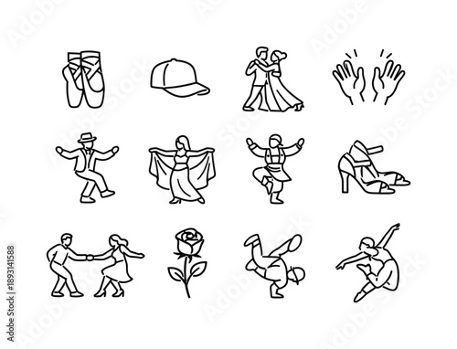 Line Dance Icons. Dance Styles. Line icon set of Dance Styles: ballet shoes, hip-hop cap, ballroom couple, jazz hands, tap dancer icon, belly dance veil, folk