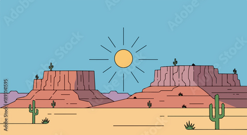 Dramatic desert landscape with towering reddish-brown rock formations and green cacti under a clear blue sky