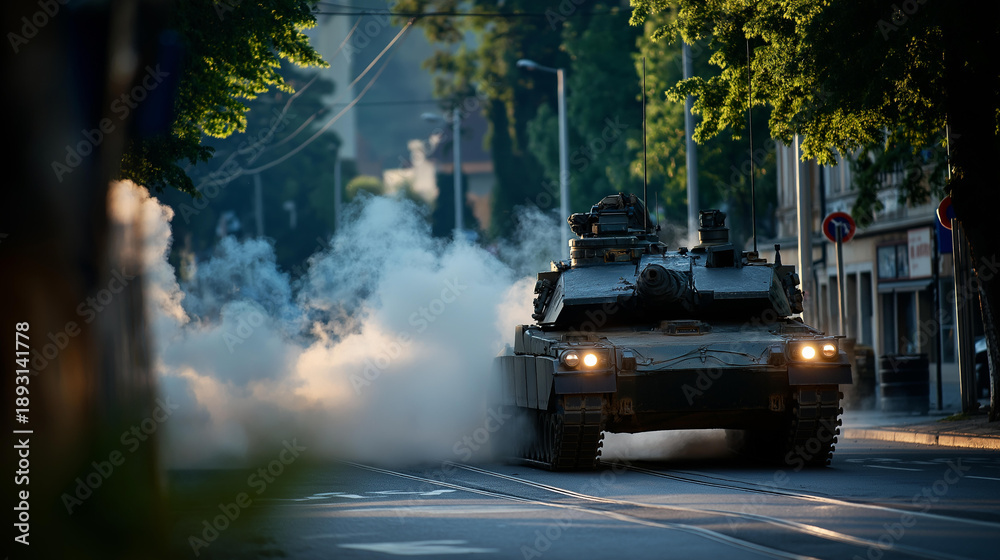 Fototapeta premium Tank advancing through smoke on city street, tension and unrest palpable scene, urban military presence, conflict zone visualization, armored vehicle in urban setting, defocused