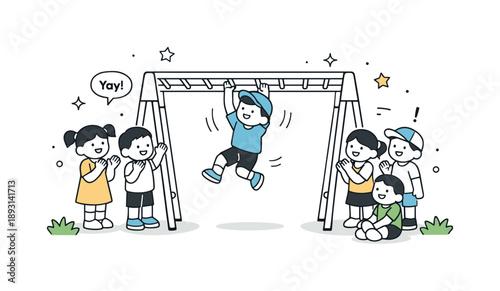 Monkey Bars Joy. Playground fun on monkey bars. Kids taking turns, cheering and watching while one child crosses the bars. Friendly interaction and shared