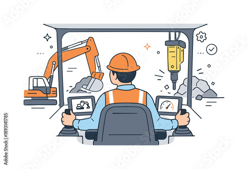 Modern Machine Operator. Heavy equipment operation. A machine operator sits inside a modern vehicle cab, overseeing powerful tools in action. The atmosphere