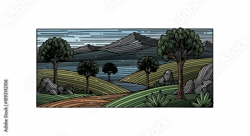 Serene landscape with rolling hills, distant mountains, and a winding dirt path