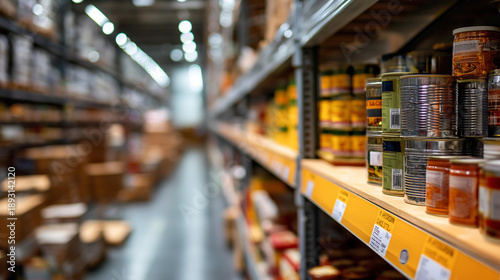 Wallpaper Mural Well-stocked warehouse aisle filled with various canned goods and products, bright lighting in organized layout, retail storage facility, inventory management scene, product Torontodigital.ca
