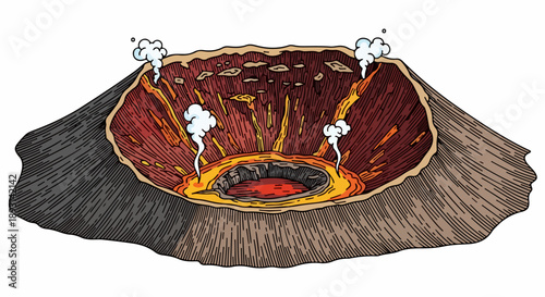 Cross-sectional illustration of an active volcano's internal structure with magma chamber and geological layers