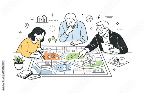 City Planning Collaboration. Urban growth planning. City planners reviewing expansion plans on a large map, new districts marked gently, focused collaboration