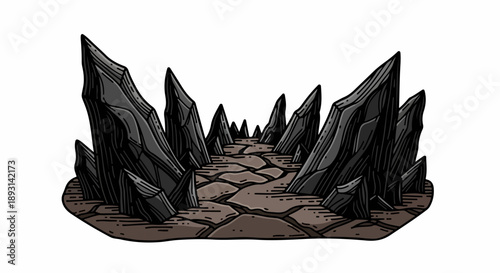 Rugged rocky landscape with jagged formations in grays and browns