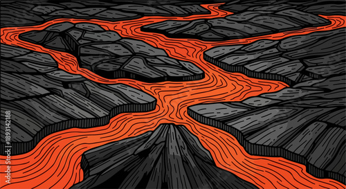 Volcanic landscape with vibrant orange lava flows and jagged dark gray rock formations