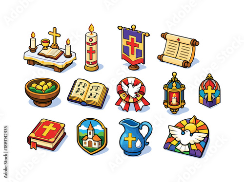 Christian Ceremony Icons. Christian ceremony. Colorful isometric vector icons set of Christian ceremony: altar setup, ceremonial candle, cross