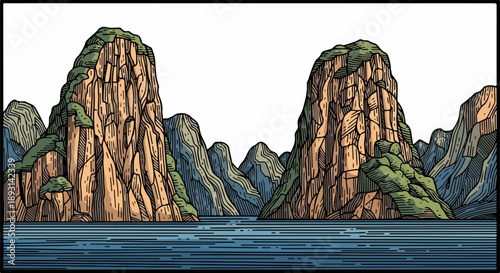 Detailed landscape illustration of a tranquil mountain range with a calm body of water in the foreground