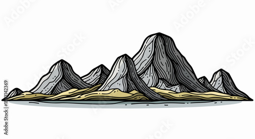 Rugged mountain range with intricate line work and a muted natural color palette