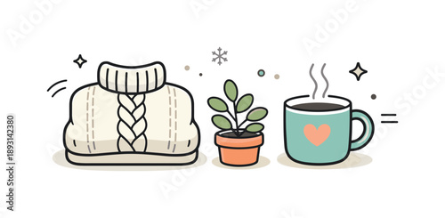 Winter Comfort Vibes. Winter hygge mood. Simple objects like a knitted sweater, mug, and small plant arranged neatly together. The illustration focuses on