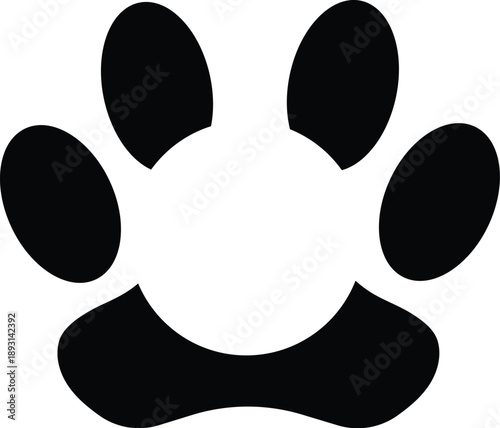 Black paw print silhouette vector icon featuring a simple dog or cat footprint shape isolated on white for pet shop logos, animal rescue branding, and veterinary clinic graphic designs.