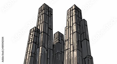 Black and white cityscape with towering skyscrapers and geometric architectural forms