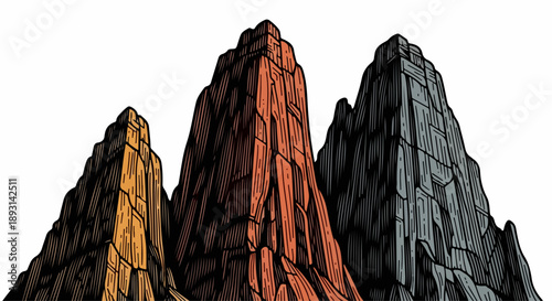 Three jagged mountain peaks in orange, yellow, and gray with rugged textures and natural lighting