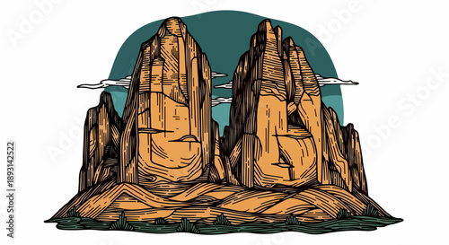 Rugged mountainous landscape with two central jagged rock formations and a gradient teal sky