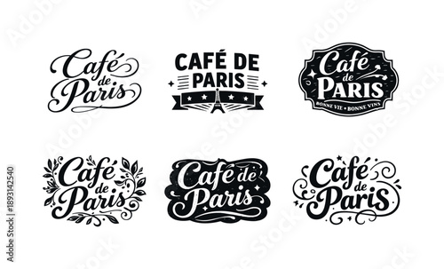 Parisian Lettering Artistry. Parisian cafe vibes. Set lettering. harmonious lettering variations of the same emblematic concept, each with different artistic