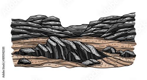 Detailed geological illustration of rugged rock formations with intricate textures and layered structure