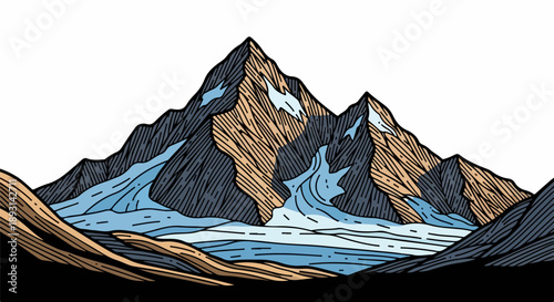 Illustration of rugged mountainous landscape with winding river and earthy tones