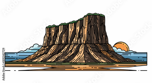 Detailed landscape illustration of a prominent layered rock formation with rugged texture against a serene light blue sky