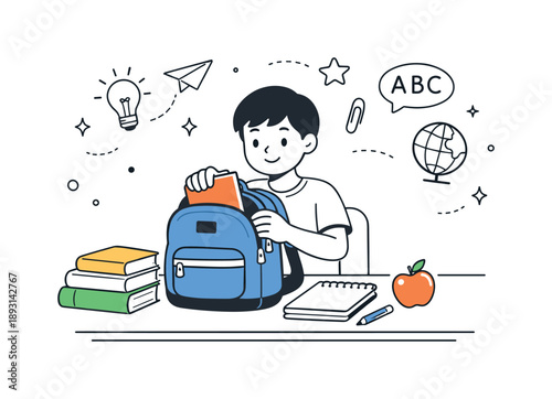 Organizing School Supplies. Back to school preparation. A calm scene with a student organizing a backpack, books, and notebooks on a desk, getting ready for
