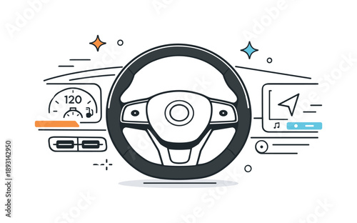 Minimalist Car Interior Design. Modern car interior detail. A steering wheel with minimal buttons and a hint of dashboard elements nearby. The scene highlights