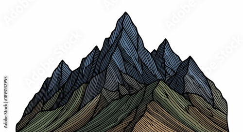 Illustration of a mountain range with hatching techniques and earthy color palette