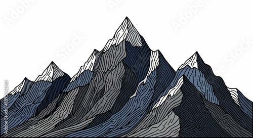 Detailed line art illustration of a dramatic mountain range with rugged contours and muted blues and grays