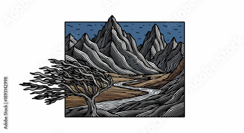 Monochromatic illustration of a solitary leafless tree with gnarled branches against rugged mountains and a dark blue sky
