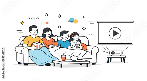 Cozy Movie Evening. Home movie night. Family or friends sitting on a cozy couch with blankets and popcorn, watching a movie on a TV or projector screen. Warm,