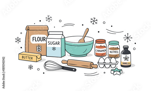 Cozy Winter Baking. Seasonal baking ingredients. A calm editorial composition of winter baking staples like flour bags, spice jars, and mixing tools. The