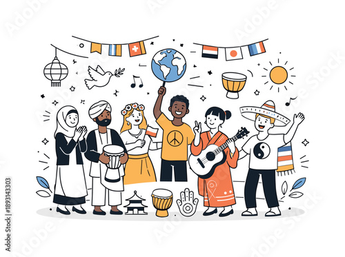 Global Cultural Celebration. Global cultural festival concept. People from different cultures celebrating together with mixed symbols and decorations. Unity,
