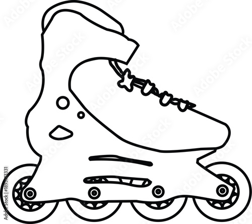 Inline skate outline vector icon featuring a line art rollerblade boot with wheels isolated on white for roller hockey logos, skating rink coloring pages, and sport design elements.