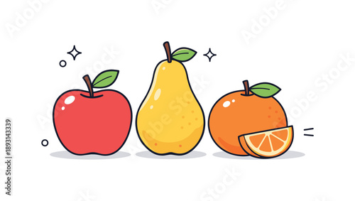 Minimalist Fruit Illustration. Fresh fruit minimal. Simple arrangement of whole fresh fruits like apple, pear, and orange placed neatly, showing natural
