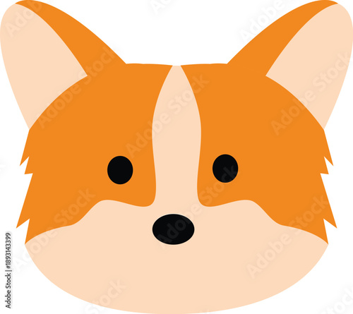 Cute Corgi dog head vector illustration featuring a flat style orange and white puppy face with perky ears isolated on white for pet grooming logos, kennel branding, and animal lover stickers.